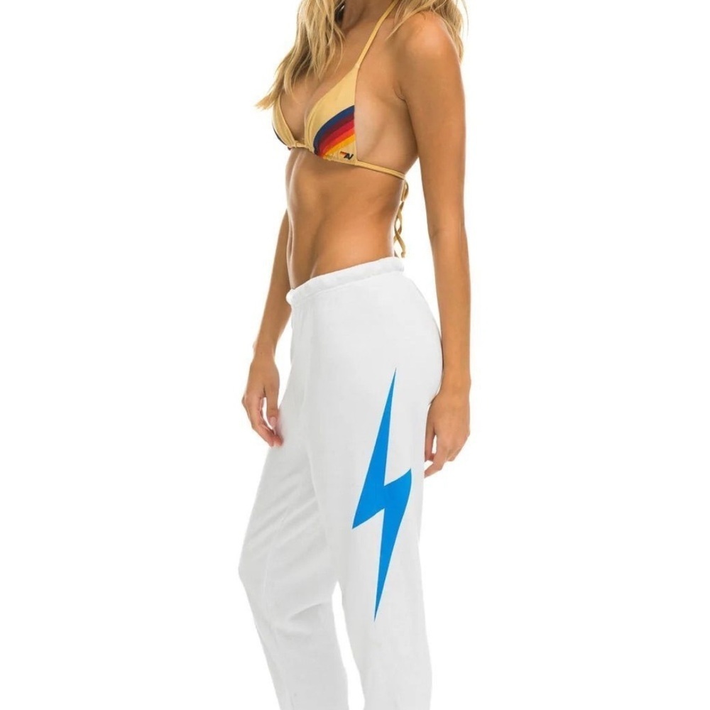 Aviator Nation White Bolt sweatpants with Blue Lightning Unisex Size Medium EUC